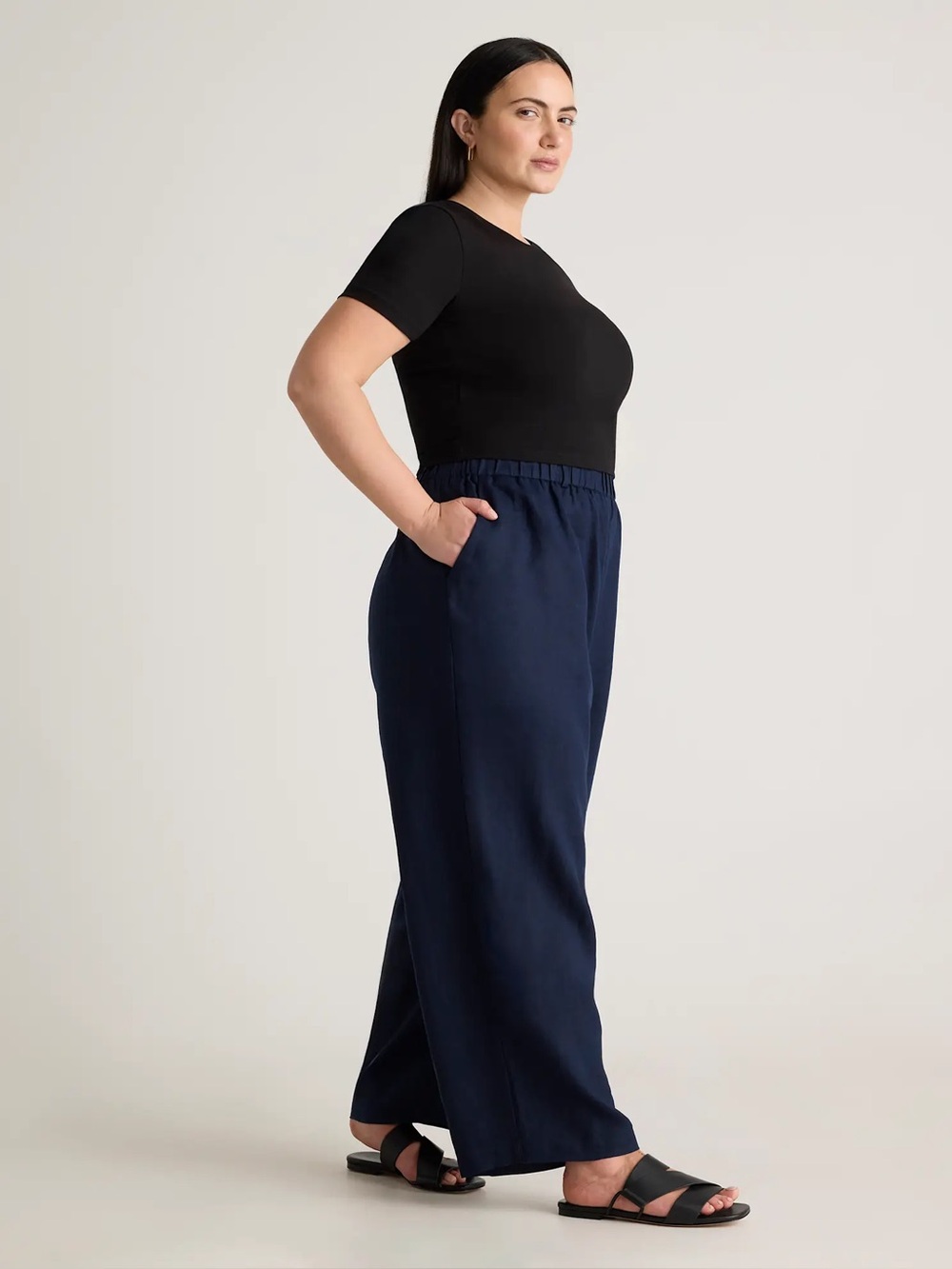 Quince 100% European Linen Pants Navy Blue Elastic Waist Wide Leg XL Womens